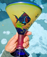 Tropical Vintage Blown Glass Martini Vase with Hand Painted Angel Fish Seascape