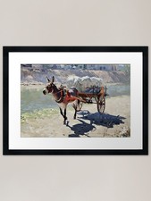 Donkey pulling cart framed - a,