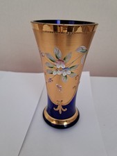 Vintage Cobalt Glass Bohemian Czech Cobalt Blue /Gold Vase Raised Flowers 5.1/2"