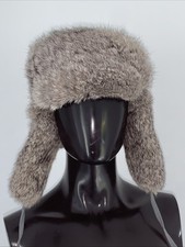 Vintage Rabbit Fur Trapper Hat Russian Grey Real Fur Women's Men's
