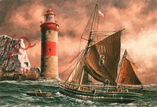Postcard:;PILOT KETCH NO. 6 ('ALACRITY') AND NEEDLES LIGHTHOUSE, PETER LEATH