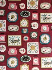 Cath Kidston Clocks on Red cotton Duck Fabric New Assorted Sizes 50cm x 50cm Sq