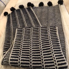 Ladies Large Scarf/throw Wool Navy & Fawn With Pom Pom Edging NEW Landsend Brand