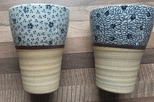 Set of 2 Stoneware Japanese Tea Cups Beakers Mucha Tako Karakusa Style design