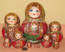 Pyrography BIG Babushka 10 Mamayeva Russian nesting dolls GOLD RED HAND PAINTED