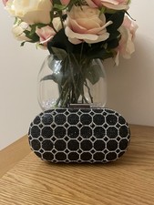 Beth Jordan Black & Silver Oval Clutch Bag - Beaded, Lined, Clasp , Velvet Back 