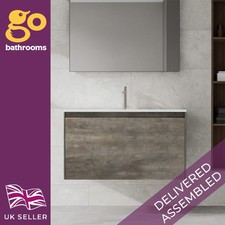 900 Brown Wall Hung Vanity Unit & White Basin Wash Sink Drawer Bathroom Cabinet