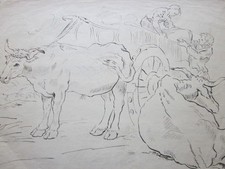 Antique Old Master C18th Pen & Ink Drawing, Figures Unloading an Ox Cart