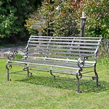 Elegant Wrought Iron Slatted Three-Seater Garden Bench