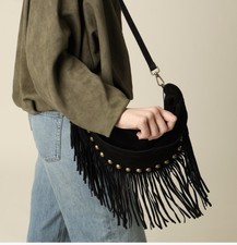 Italian Suede Black Fringe Bag