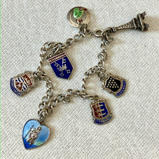 Vintage 925 Sterling Silver Charm Bracelet With Silver & Enamelled Travel Charms