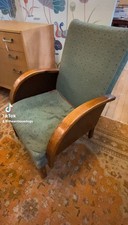 Pair of Deco Oak Wooden Armchairs Finished In A Good Green Brocade Fabric