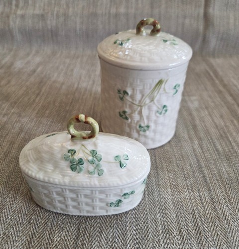Two belleek lidded pots - two,