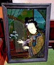 VINTAGE CHINESE REVERSE GLASS PAINTING REPUBLIC PERIOD ELEGANT LADY WITH HARP