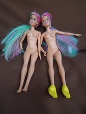 Barbie Mattel Play Dolls, Twins, multicoloured hair, earrings, no clothes VGC
