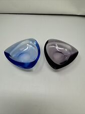 Coloured Glass Dishes 4 Inch Pair Triangle Blue Purple Thick Glass