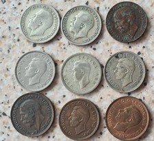 Nine vintage King George V & V1 Coins all VGC