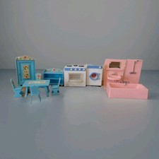 Vintage Doll's House Furniture. W. Germany Pink Bathroom,Blue Dining Kitchen Aps