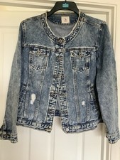 TU Size 18 Denim Jacket, Distressed, Frayed grandad Collar & Hem, GC