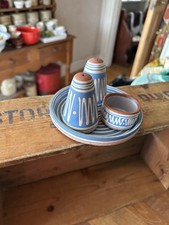 Vintage Priddoe’s Pottery Torquay Ware Blue Patterned Cruet Set On Stand