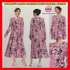 Women's Pink Floral Modest Long Sleeve Maxi Dress Elegant Party Wear Outfit NEW 