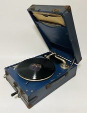 Original Antique Vintage Retro Portable Wind Up Gramophone Record Player Blue