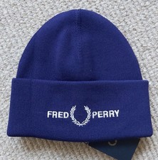 Genuine FRED PERRY Midnight Indigo Deeper Cuff Logo BEANIE HAT UNISEX Tags