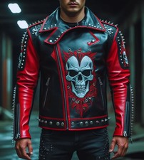 Red Black Spiked Leather Jacket Skull Embroidered studded jacket 100 % premium