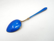 ANTIQUE NORWEGIAN SOLID SILVER GUILLOCHE BLUE ENAMEL TEASPOON