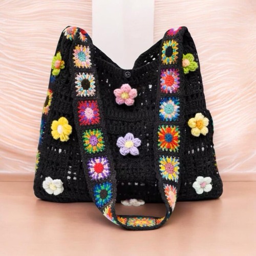 Black boho crochet tote - black,