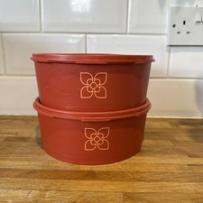 Vintage Tupperware Orange Harvest Sunburst Container x 2 20cm Cake Round 1970's