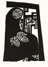 Fritz Möser graphic abstract vintage lino print black and white 1960s