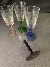 Vintage Wine Liqueur Etched Glasses Barley Twist  Stem x 4 coloured stem