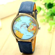 Unusual Aeroplane Second Hand World Map  Quartz Watch Blue Denim Strap