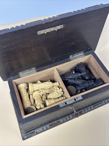 Chess set antique oak box - &,