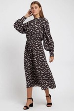 Louche Womens Neima Lashes Print Long Sleeve Midi Dress Black New tags JOY