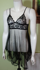 New Handkerchief Hem Sexy Negligee & Thong Black Sheer Mesh & Floral Lace 10/12