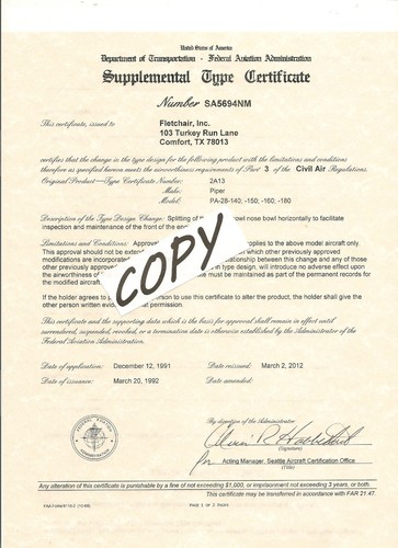 Stc for piper - for, pa-28-