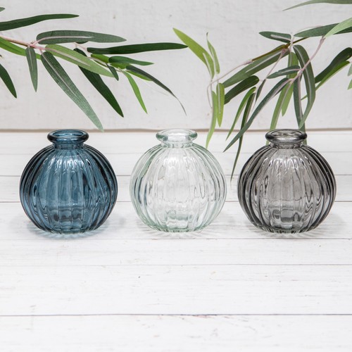 Set vases ribbed blue grey - set,