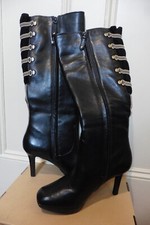 Long High-heeled Black Leather Military-style Square-Toe Boots Braid Size 3/36