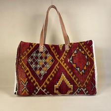 Vintage Carpet Bag Large Weekend Shoulder Tote Leather Trims Kilim Bespoke Made