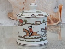 Crown Staffordshire Hunting Scene Hunters Horses Dogs Embossed Jam Jelly Pot 4"