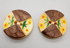 2 Antique Vintage Carved & Painted Antler? Round Buttons - 2.3cm approx