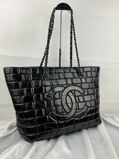 Authentic CHANEL Frozen Black Vinyl Quilted Large Chain Strap Shopping Tote Bag