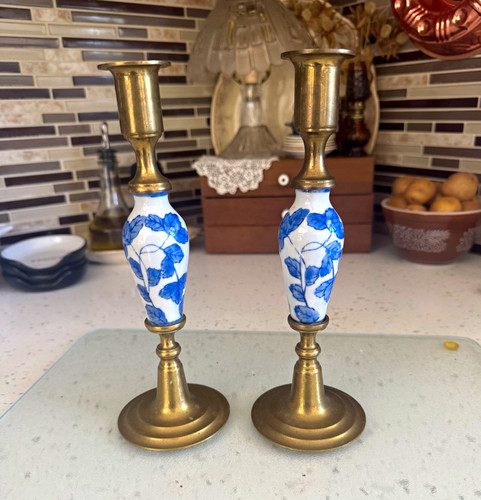 Pair brass blue - &, floral