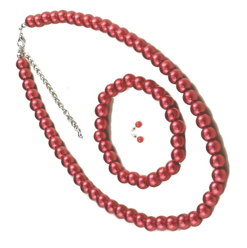 Red faux pearl necklace with - red,