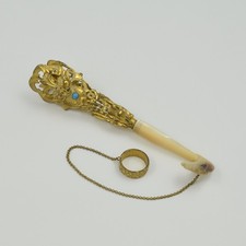 Antique French Gilt Ormolu Mother Of Pearl Turquoise Tussie Mussie Posy Holder