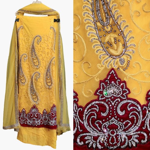 Yellow net kundan velvet - yellow, &