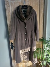 VINTAGE LONG WOOL COAT 14 cashmere dark camel fur collar fit flare DEBENHAMS UK