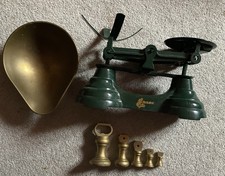 Vintage Green Cast Iron Weighing Scales Plus 5 Brass Weights